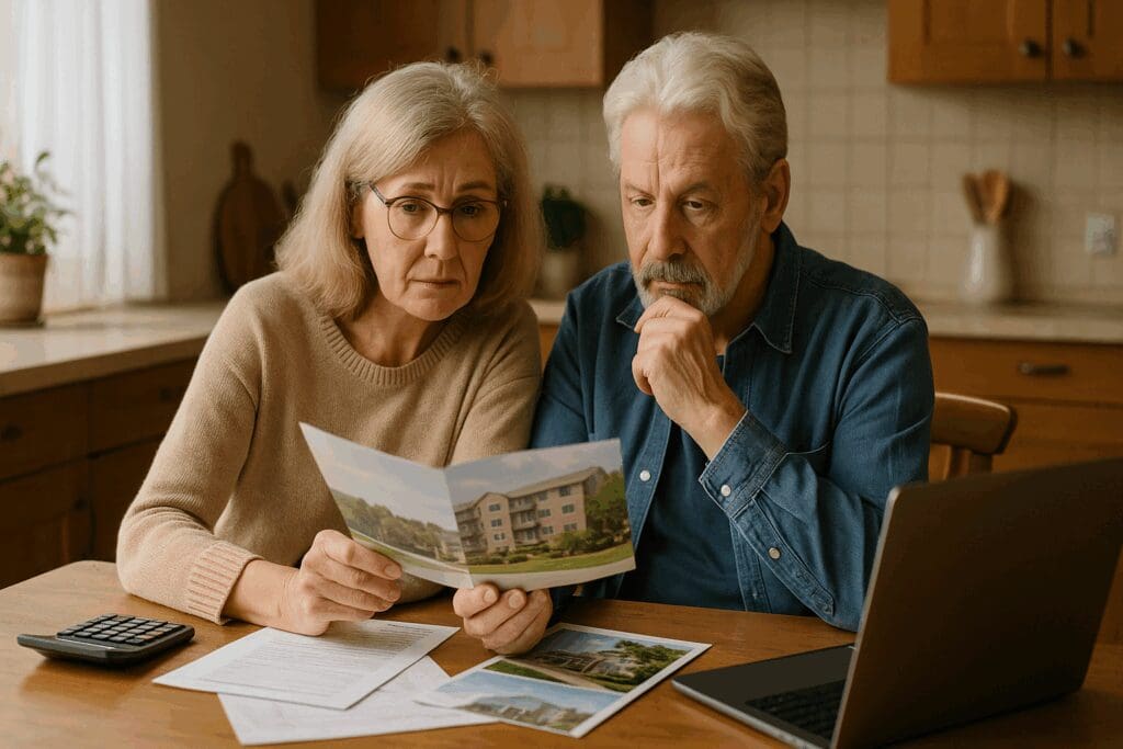 Elderly couple reviewing senior living apt brochures with a laptop, calculator, and paperwork at a kitchen table.

