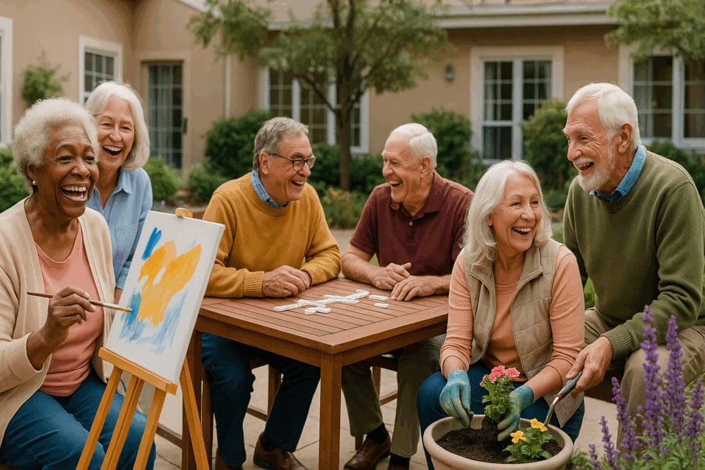 Smiling residents at a senior living apt courtyard enjoying group activities like painting, gardening, and playing games outdoors.