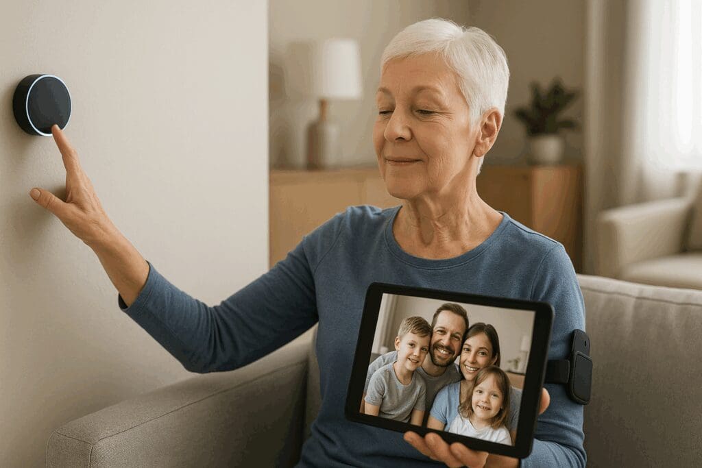 Senior woman in a modern senior living apt adjusting smart lighting with a voice command while video calling family on a tablet.

