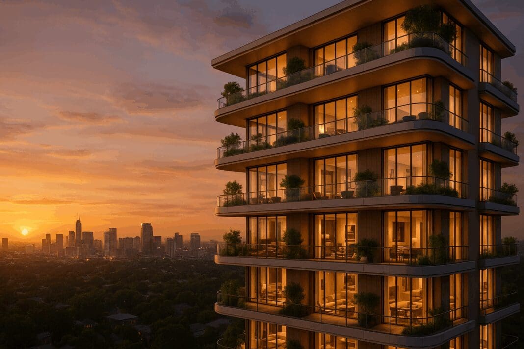 Modern high-rise building with lush terraces and golden lighting at sunset, representing luxury senior apartments near me.