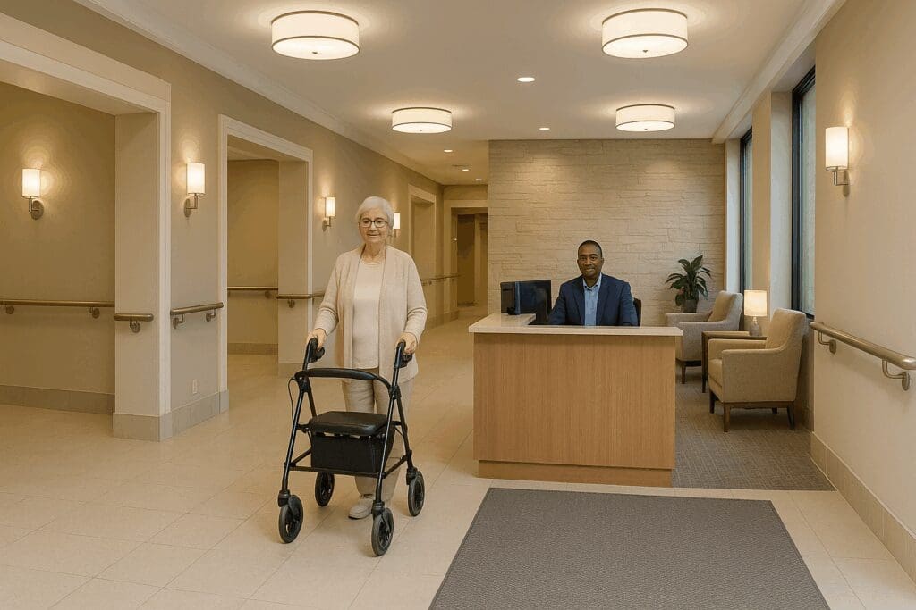 Modern lobby of luxury senior apartments near me featuring wide entryways, grab bars, non-slip flooring, and a staffed security desk.