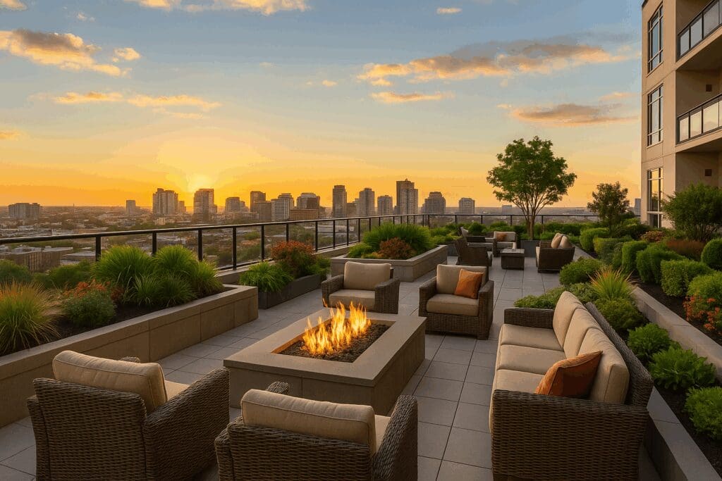 Rooftop lounge at luxury senior apartments near me featuring cozy seating, a fire pit, landscaped gardens, and panoramic city skyline views.