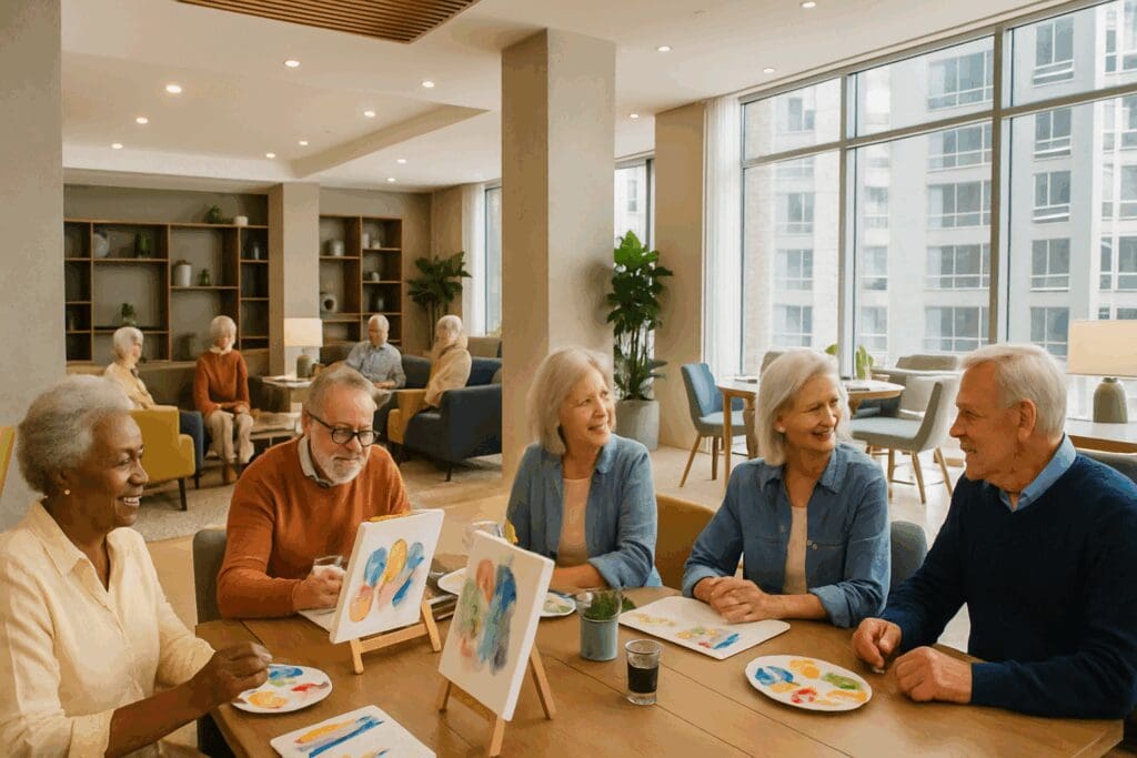 Seniors enjoying an art class in a bright, modern lounge at luxury senior apartments near me, featuring open spaces and natural light.