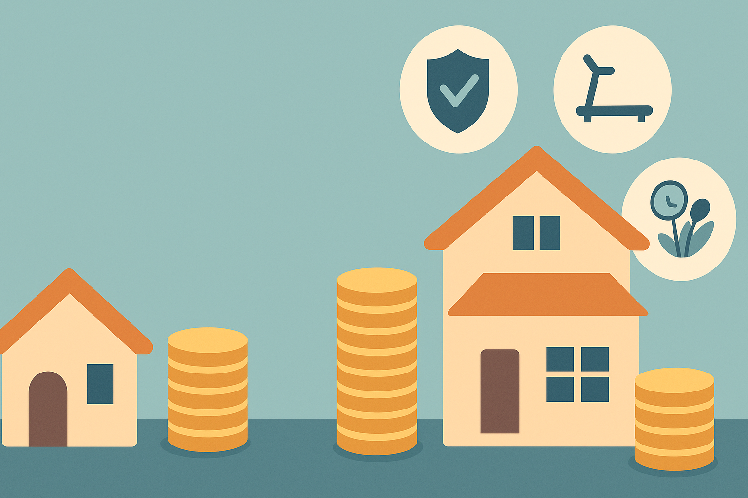 Visual comparison of standard senior living and luxury senior apartments near me, showing homes, stacked coins, and upscale amenities like fitness and security.