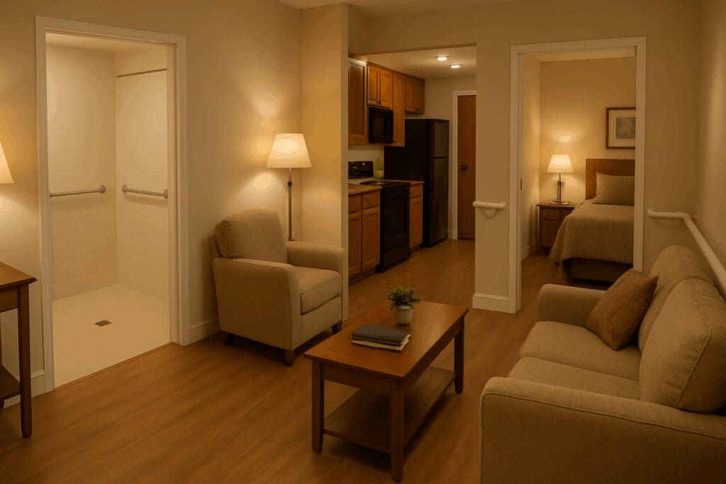 Accessible interior of senior citizen apartments featuring wide doorways, walk-in shower, handrails, and cozy furnishings with warm lighting.