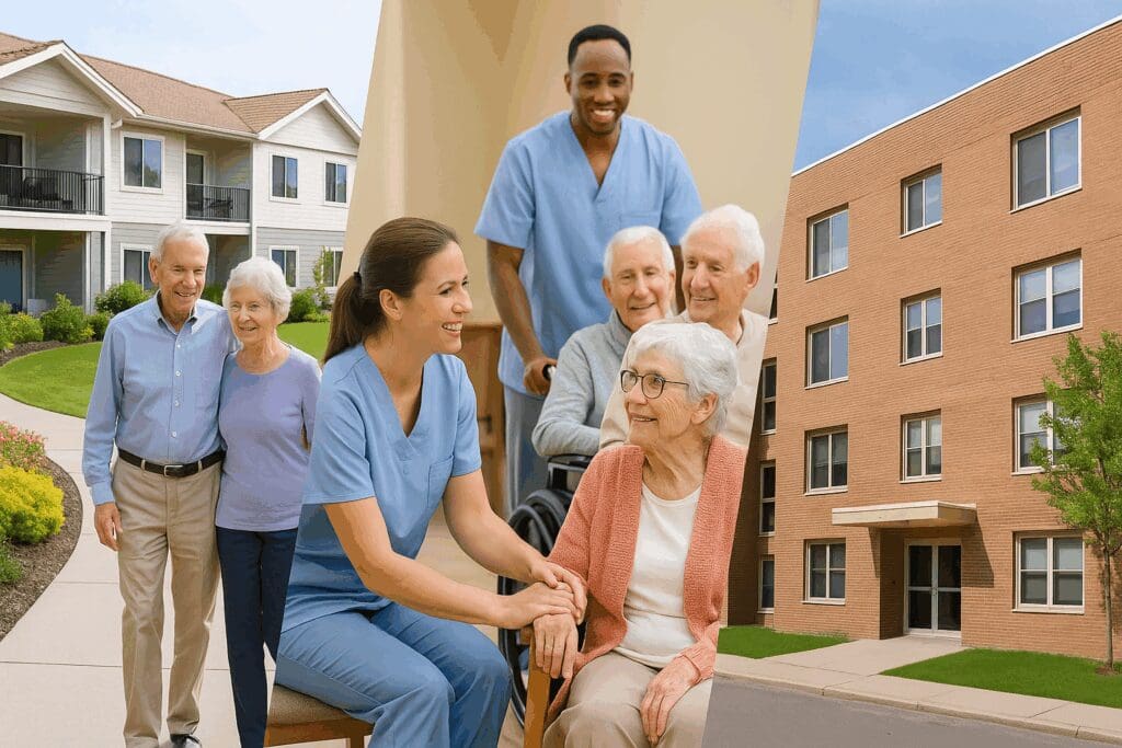 Independent living community, assisted living facility, and affordable senior citizen apartments shown in a blended collage under clear skies.

