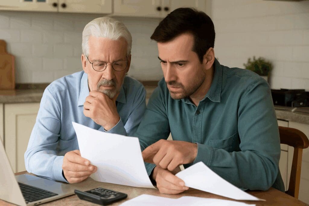 Older man and middle-aged son reviewing financial documents together at a kitchen table while planning for senior citizen apartments.

