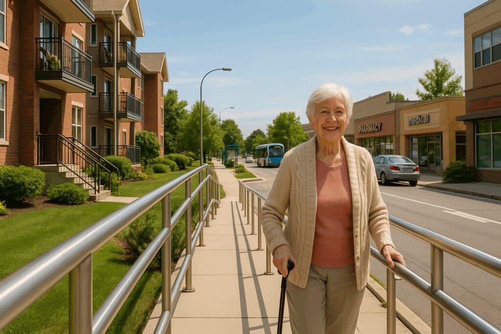 Smiling senior walking along handrails near senior citizen apartments with shops, clinics, and bus stop in a vibrant neighborhood

