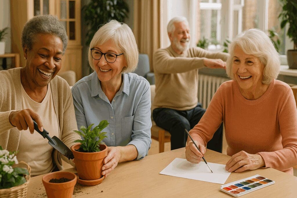 Seniors smiling and participating in gardening, painting, and exercise activities inside a common area at senior citizen apartments.