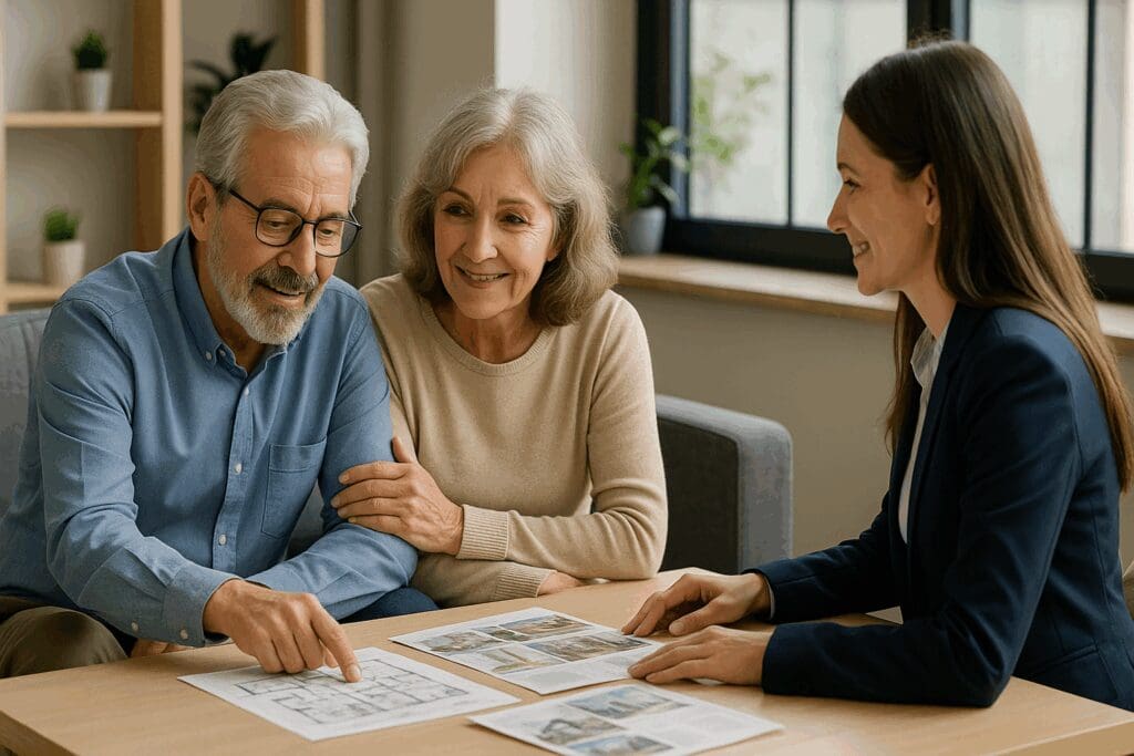 Older couple meeting with a counselor in a modern office to plan future care options for senior citizen apartments.

