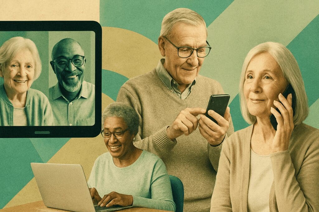 Seniors using video calls, smartphones, and laptops to explore how to get free therapy through virtual mental health services

