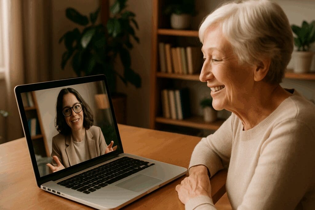 Senior woman in a cozy home smiling during a virtual session with a therapist on a laptop, illustrating how to get free therapy online.


