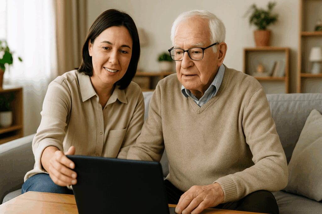 Middle-aged caregiver helping elderly parent set up a laptop for an online counseling session at home, illustrating how to get free therapy.

