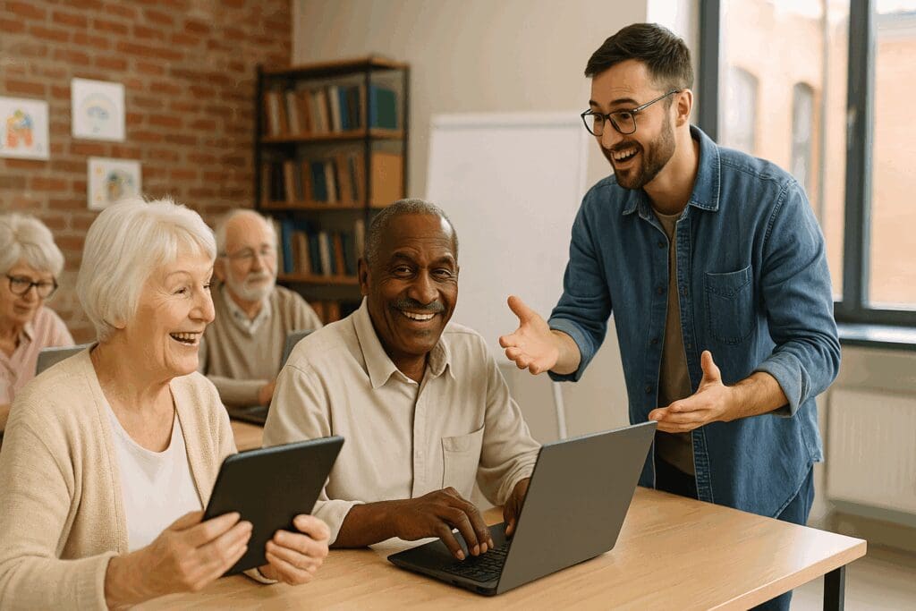 Seniors learning how to use tablets and laptops in a community center class to build digital skills for accessing how to get free therapy resources online

