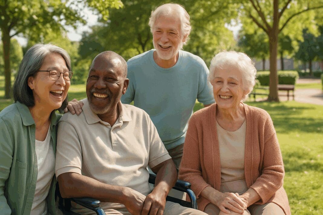 Diverse group of seniors smiling and connecting in a sunny park, symbolizing community support and free mental health services for seniors.