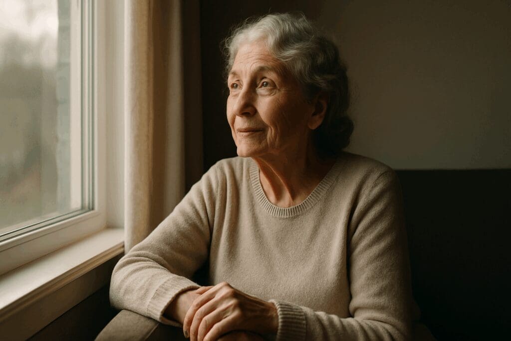 Elderly woman gazing out a sunlit window, symbolizing hope and the importance of free mental health services for seniors.

