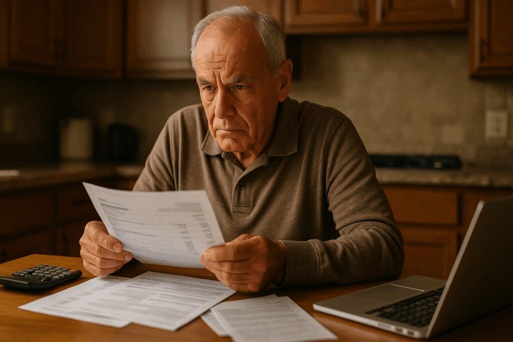 Senior man reviewing bills at kitchen table with laptop and calculator, representing financial stress and need for free mental health services for seniors.

