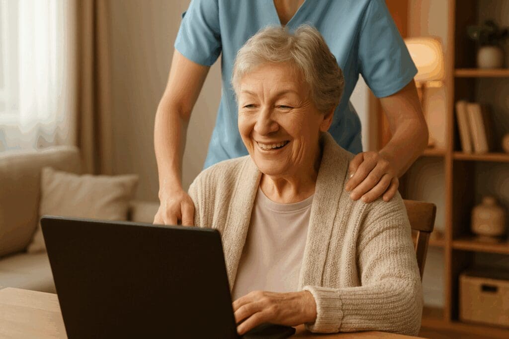 Senior woman smiling during a video call in a cozy home while receiving caregiver support, illustrating free mental health services for seniors.

