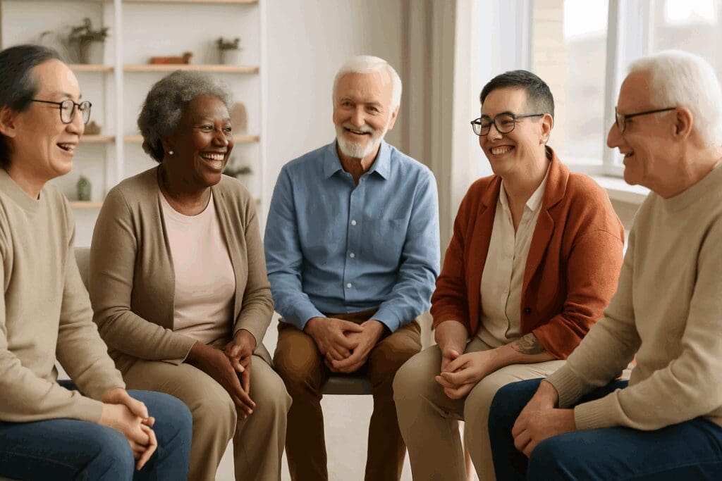 Diverse senior group in a therapy circle smiling and connecting during free mental health services for seniors

