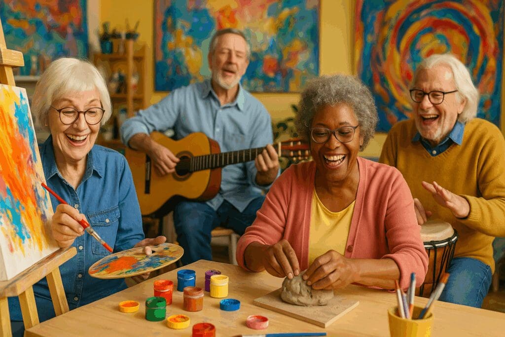 Seniors joyfully participating in group art and music therapy, highlighting the benefits of free mental health services for seniors.

