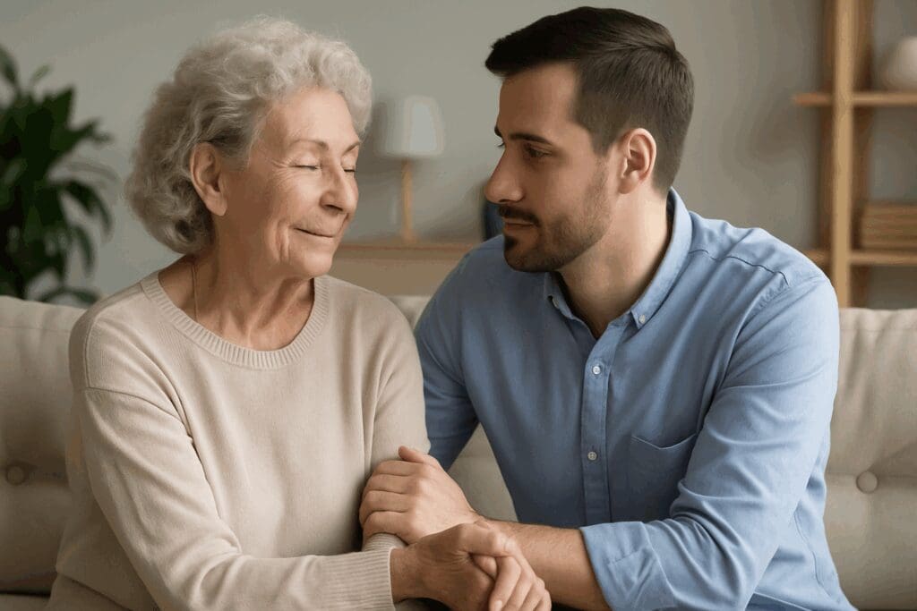 Senior woman and adult son sharing a supportive moment at home, symbolizing free mental health services for seniors.

