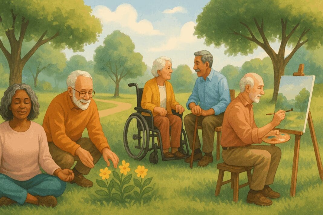 Diverse group of older adults meditating, gardening, chatting, and painting in a peaceful park, symbolizing free mental health resources for seniors.