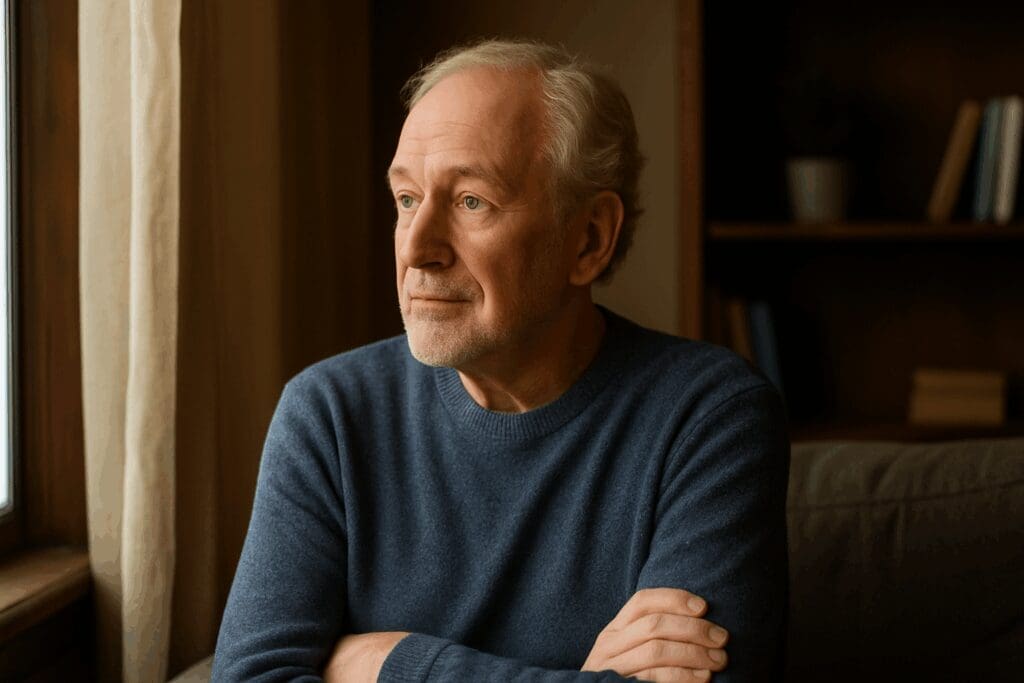 Older man gazing out a window in a warmly lit home, reflecting on life and the need for free mental health resources