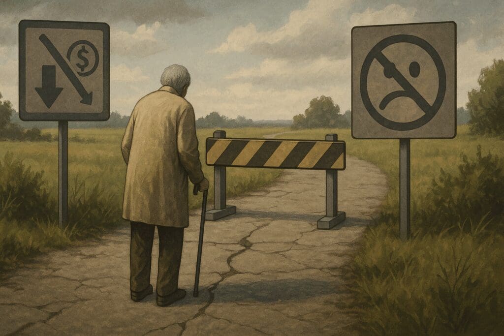 Elderly man with cane facing symbolic barriers like financial strain and stigma on a rural path, representing limited access to free mental health resources.