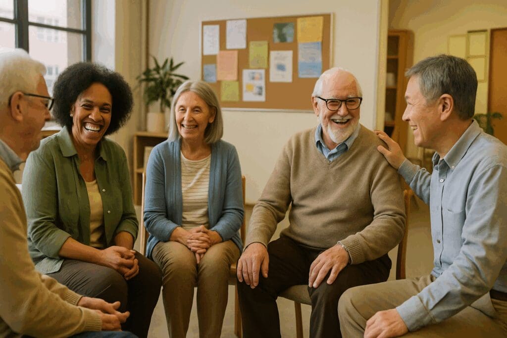 Older adults in a diverse support group session at a community center, engaging with a facilitator offering free mental health resources.