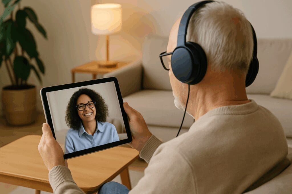 Older man wearing headphones using a tablet for a virtual therapy session at home, illustrating access to free mental health resources.