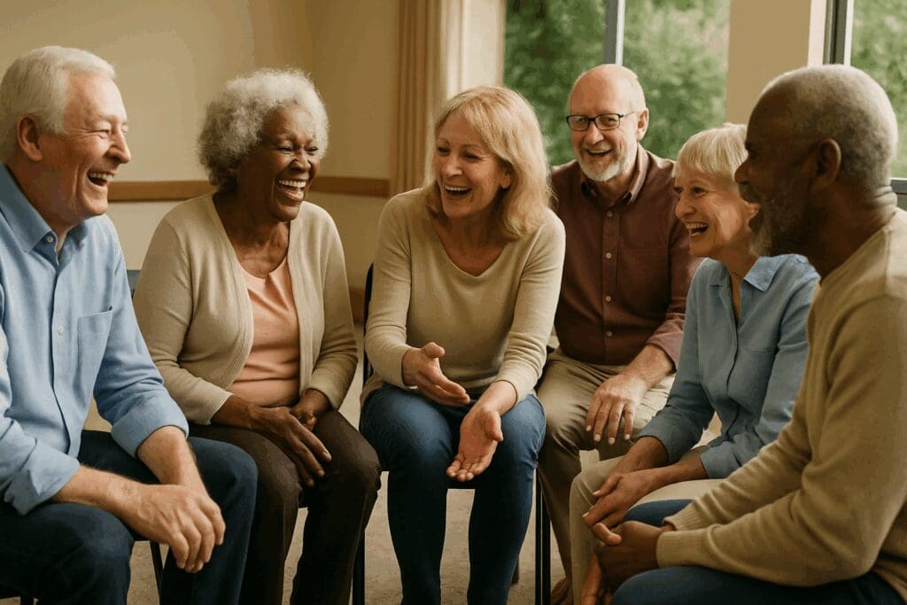 Older adults laughing and talking in a community support circle, symbolizing connection through free mental health resources