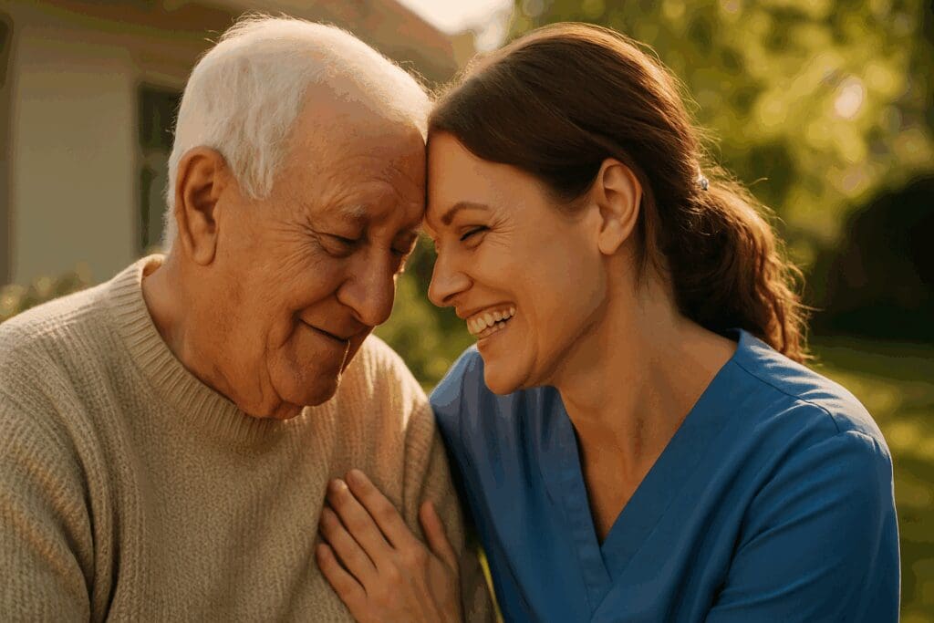 Senior man and middle-aged caregiver sharing a warm moment in a sunlit garden, symbolizing trust and connection supported by free mental health resources