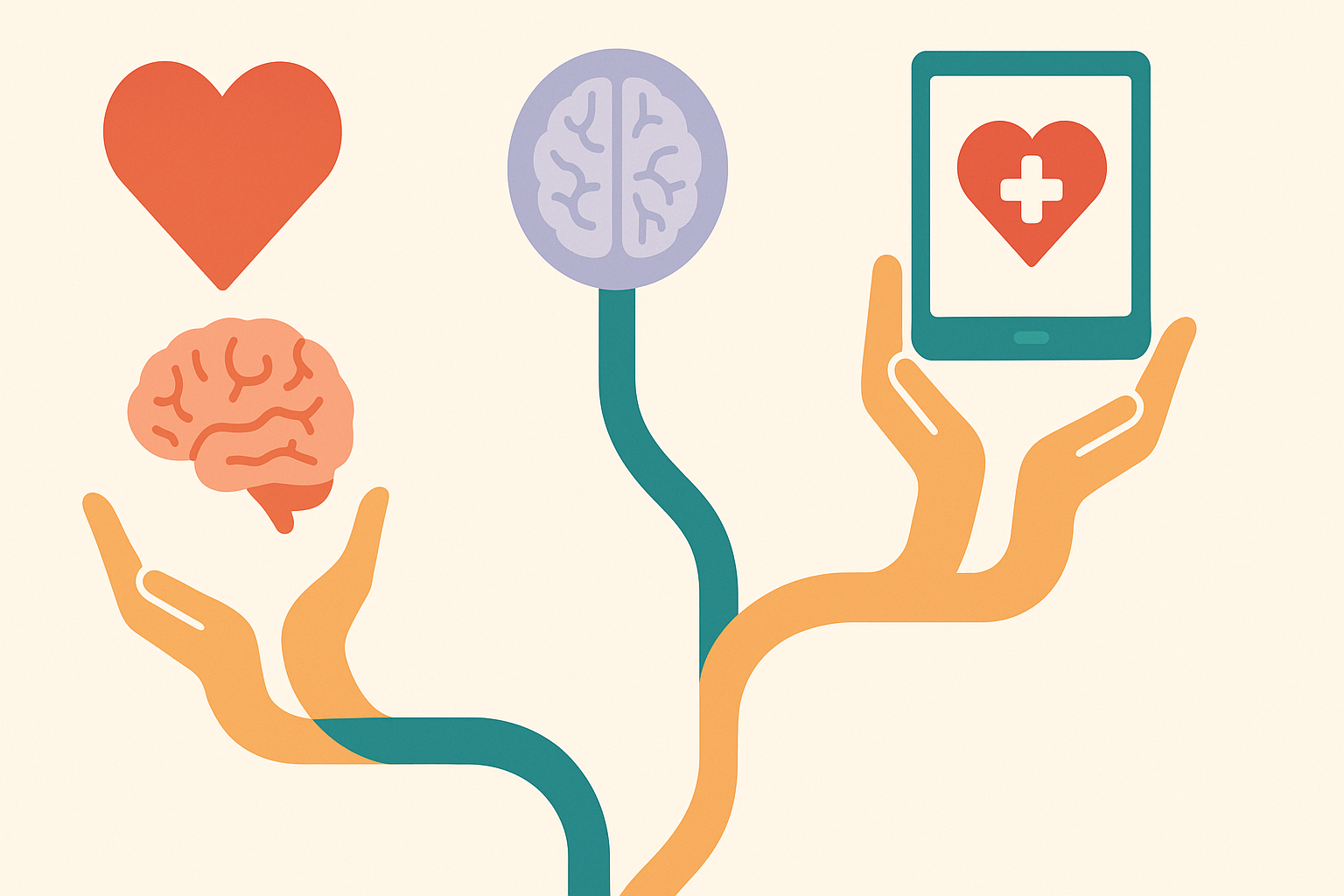 Colorful infographic showing symbolic pathways to free mental health resources, with hands holding brain icons, hearts, and a digital tablet.