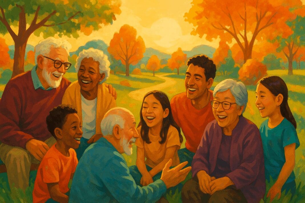 Diverse group of seniors and children laughing together in a sunlit park, countering the fear of elderly through joyful connection