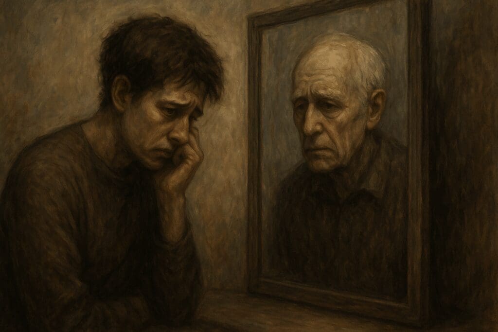 Young man anxiously facing a mirror showing his older self, symbolizing the fear of elderly and aging.