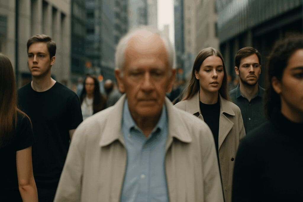 Older man blurred in foreground as focused young people walk past in a city crowd, symbolizing the fear of elderly being overlooked.