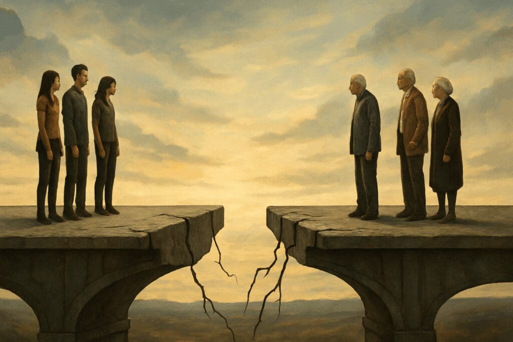 Divided bridge with younger people on one side and older people on the other, symbolizing the fear of elderly and generational separation.