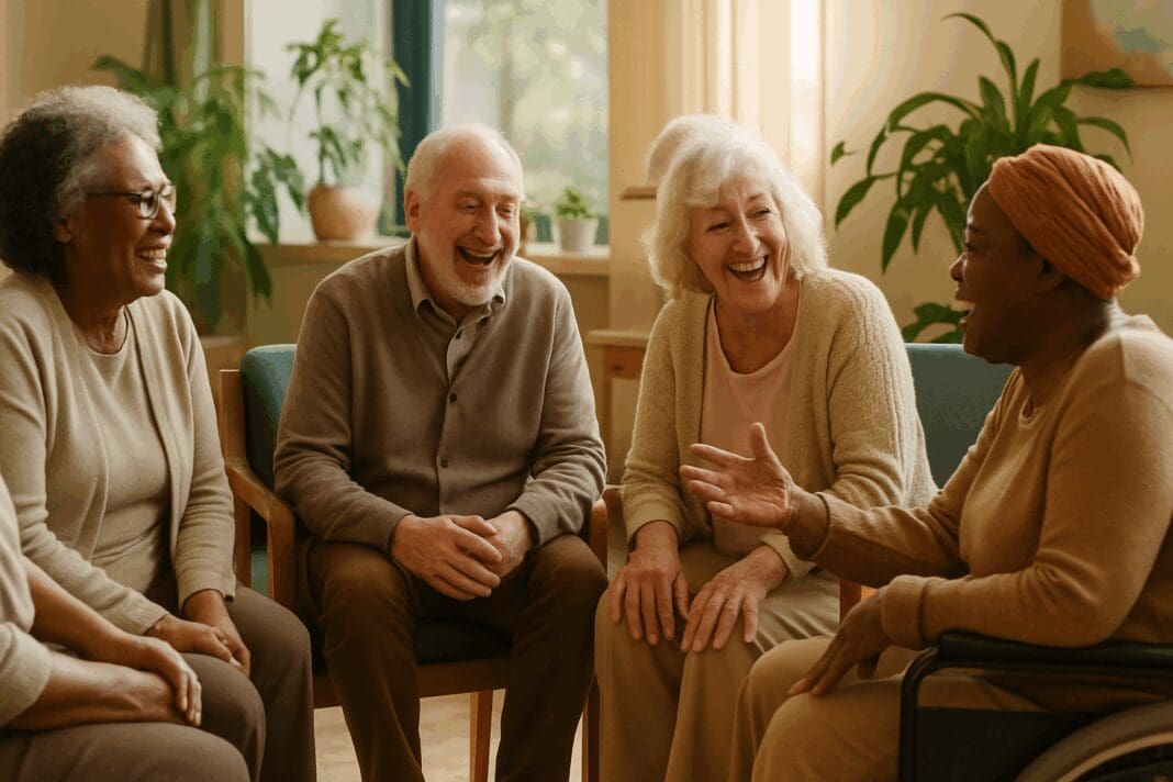 Seniors of diverse backgrounds laughing together in a cozy center, symbolizing elderly support groups in action.