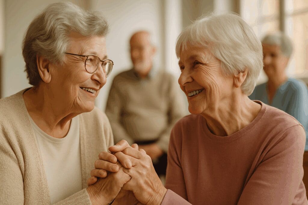 Two elderly women smiling and holding hands during a support session, highlighting the emotional bond in elderly support groups.

