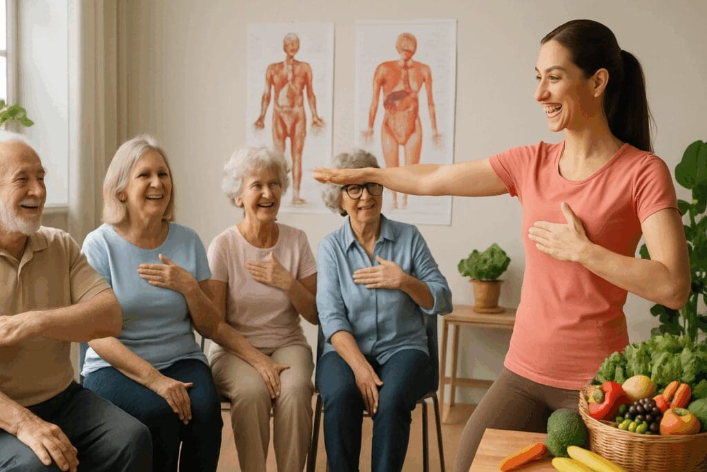 Seniors in an elderly support group following a wellness instructor during a health workshop with fruits and anatomy posters.

