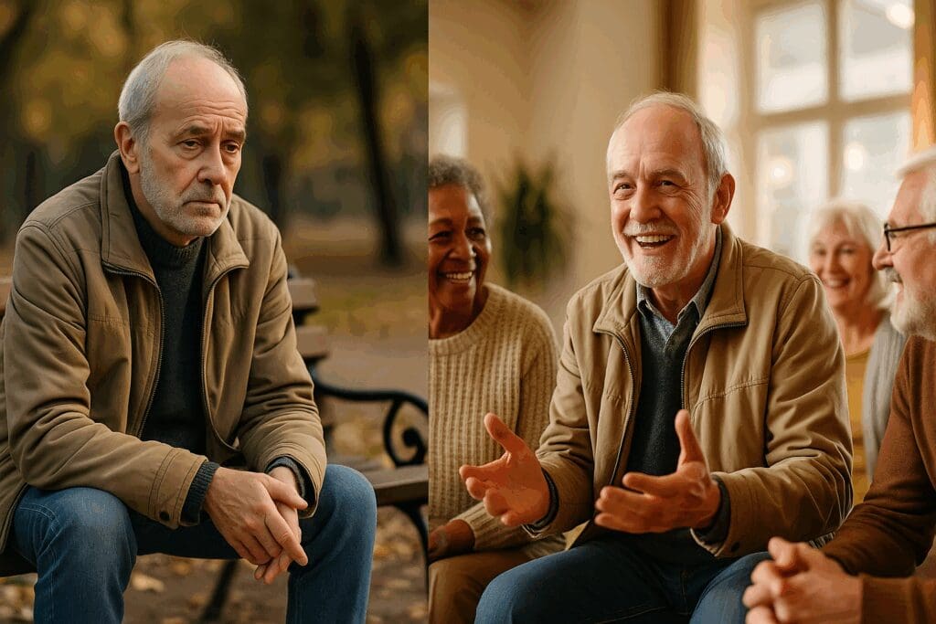 Elderly man sitting alone on a park bench transitions to smiling in a group conversation during elderly support groups.

