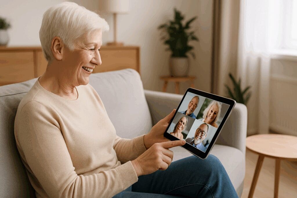 Smiling elderly woman using a tablet at home to join a video call with other seniors in virtual elderly support groups.

