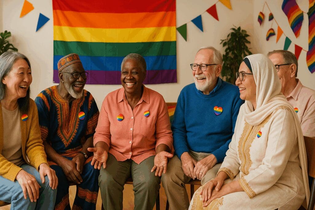 Multicultural elderly support groups session with seniors of diverse backgrounds smiling and talking in an inclusive circle setting

