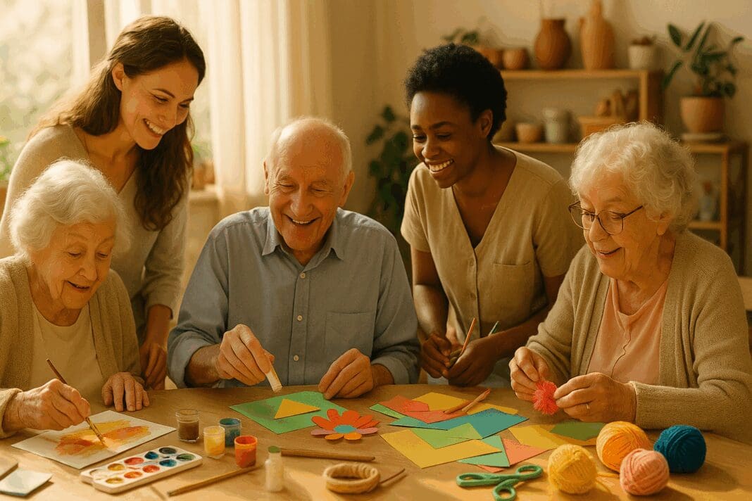 Elderly individuals with dementia joyfully doing easy crafts with caregivers in a warm, sunlit art studio
