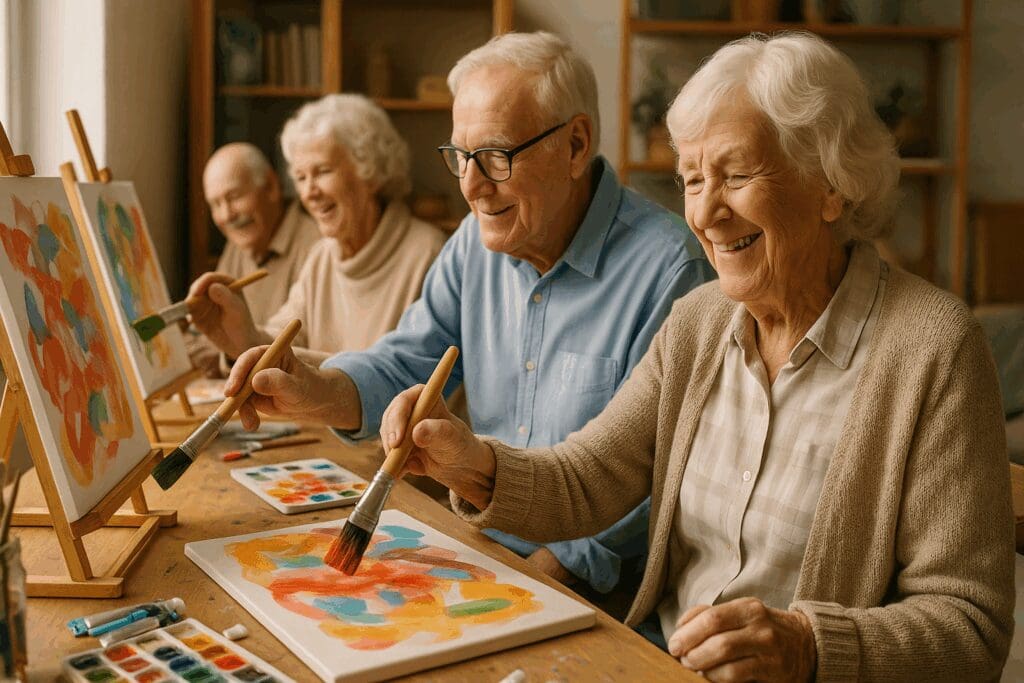 Elderly adults smiling while painting colorful abstract art with large brushes during easy crafts for seniors with dementia activity.