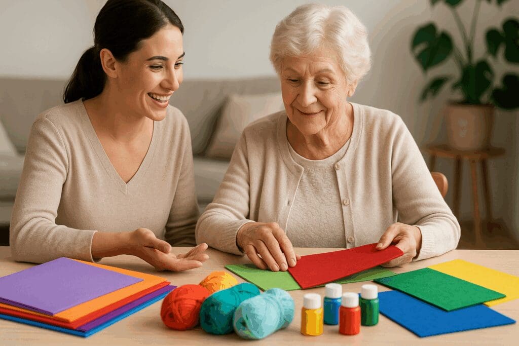 Caregiver and elderly woman smiling while selecting foam sheets, yarn, and paints for easy crafts for seniors with dementia.