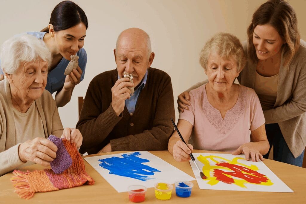 Seniors with dementia creating easy crafts by painting with bright colors, touching textured fabrics, and smelling lavender sachets with caregiver support.