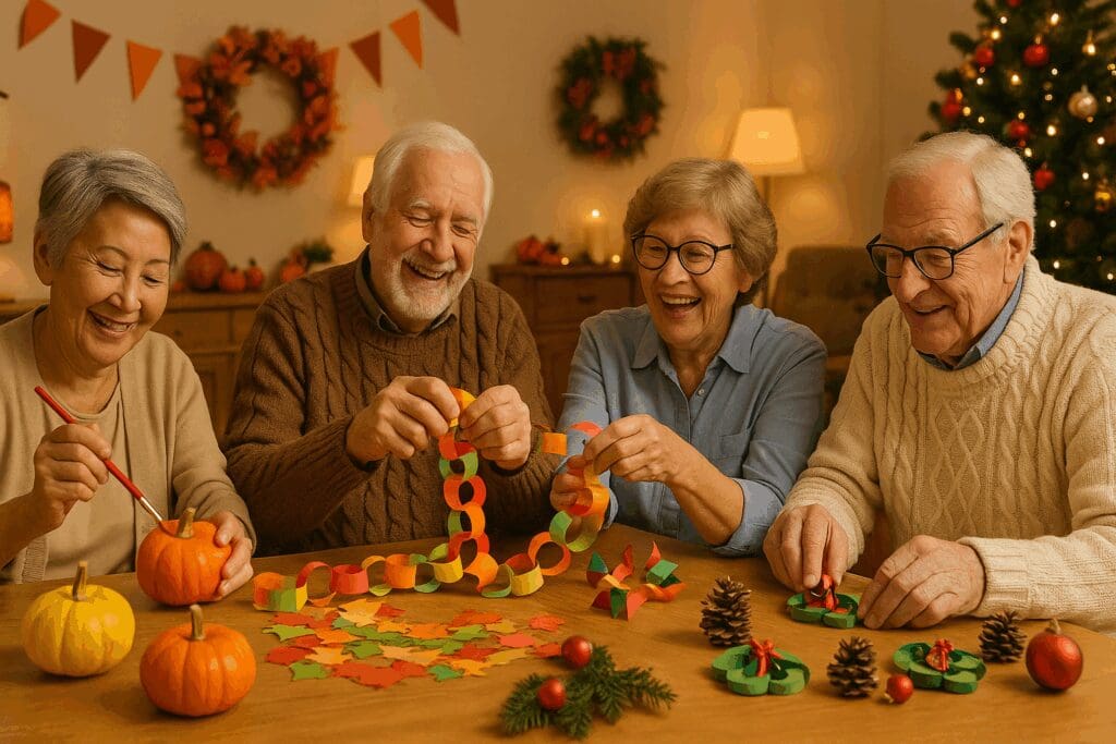 Smiling older adults making easy crafts for seniors with dementia, including painting pumpkins and assembling paper garlands at a festive table.