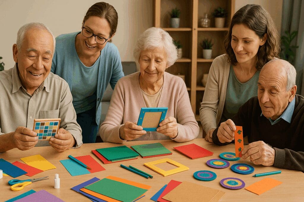 Seniors smiling while making easy crafts for seniors with dementia, like photo frames and coasters, with caregiver support.