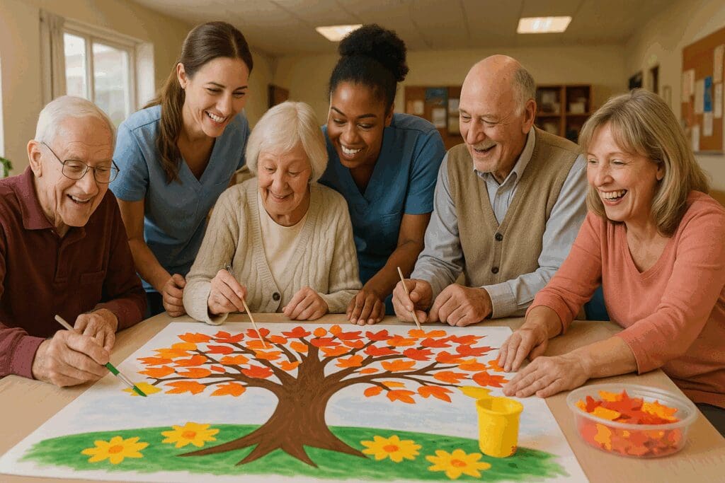 Seniors with dementia painting a colorful fall tree mural together in a community center as part of easy crafts for seniors with dementia
